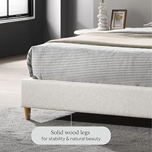Dg Casa Queen Boucle Upholstered Platform Bed Frame, Arch-Shaped Headboard, Solid Natural Wood Legs, Timeless Modern Design, Soft Textured Fabric, Wooden Slat Support System, Cream #TOP3