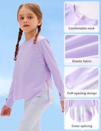 Image of Venzina Girls' Long Sleeve Workout Top with Thumbholes Quick-Dry 4-Way Stretch Moisture Wicking Shirt for Yoga, Dance, Gymnastics(Age 6-10)