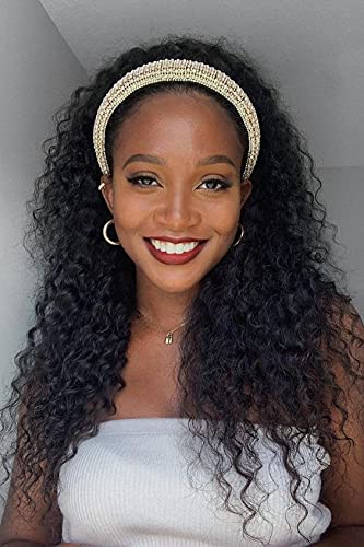 Curly Headband Wig Human Hair - Headband Wigs for Black Women Glueless Half Wig with Headband Attached Brzilian Virgin Hair 150% Density 16 Inch