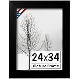 US Art Flat Black 24x34 Picture Frame - Handmade American Flat 1' Wide Engineered Wood Frame for Wall Décor with Preinstalled Hangers and UV Blocking Plexiglass, 24x34 Frame