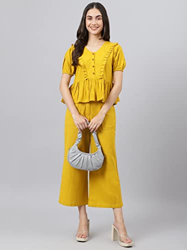 Image of DEEBACO Women's Solid Calf Length Top with Trouser|V-Neck|Short Sleeve|Cord Set for Women Cotton|Jumpsuits Western Dress for Women Stylish|Two Piece Co ord Set|Party Casual Wear(Aqua Blue)