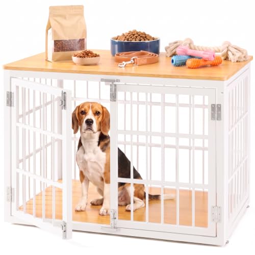 Image of NEWBULIG 42 Inch Dog Crate Furniture for Large Dogs, Space Saving Pet House End Table with Double Lock Door, Heavy Duty Indoor Kennel for Living Room, White & Wood