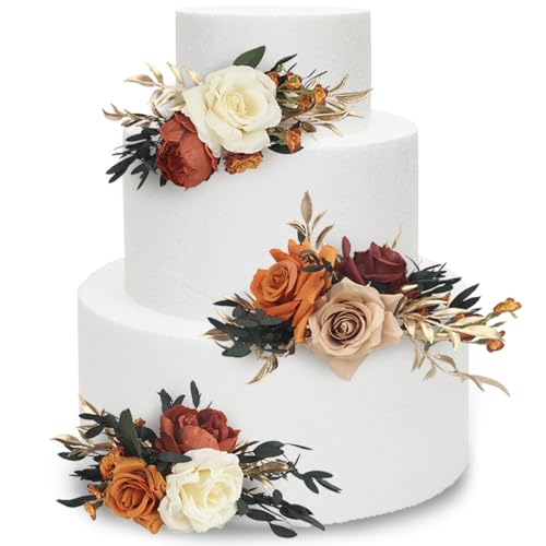 Rinlong 3Pcs Pre-made Cake Topper Cake Decorating Flowers for Cake Decor Boho Burnt Orange Fall Cake Flowers for Wedding Baptism Birthday Party Bridal Baby Shower
