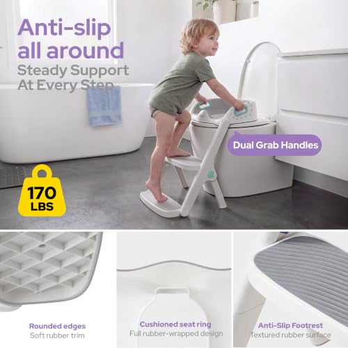 Image of lalalark Potty Training Seat, 2-in-1 Toddler Toilet Seat with Steps, Upgrade Potty Step Stool for Toddler with Anti-Slip Pad Step Stool, Extended Splash Guard, Foldable Potty Ladder Boys Girls, Green