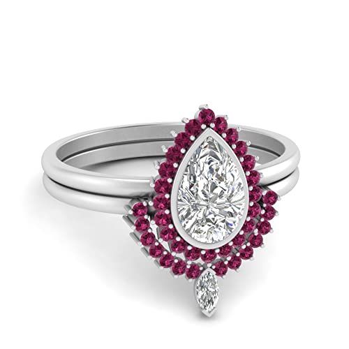 Image of 55Carat Choose Your Gemstone Bezel Pear Shape Halo CZ Diamond CZ Ring Sterling Silver Pear Shape Wedding Ring Sets Ornaments Surprise for Wife Symbol of Love Clarity Comfortable US Size 4 to 12