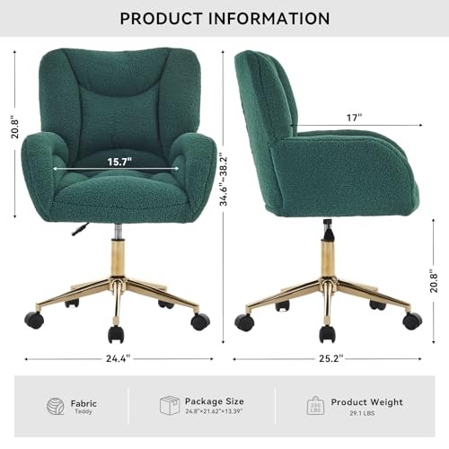 Image of FOXHUNTER Vanity Chair with Ergonomic Back & Wheels, 360 Swivel Accent Chair, Adjustable Height Home Office Chair for Living Room, Bedroom (Teddy, Green)