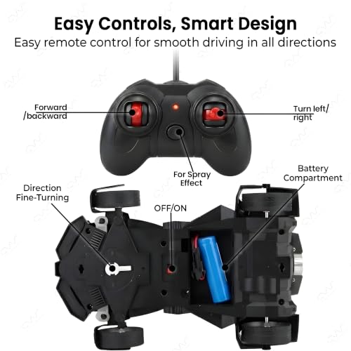 Image of Cable World Remote Control Car with Smoke Spray Effect, 10 Feet Range,LED Lights & Rechargeable Battery | 2.4GHz RC Toy Car with Mist Function, Drift & 360 Action | Kids Toy Car for Kids