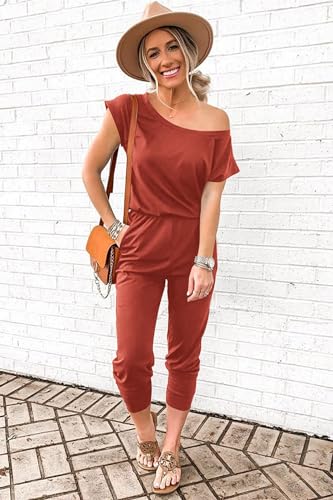 Image of PRETTYGARDEN Jumpsuits for Women Summer Off Shoulder Romper | Short Sleeve Drawstring Waist, Jogger Jumpers with Pockets, One Piece Spring Break Outfits, Vacation Travel Lounge Clothes