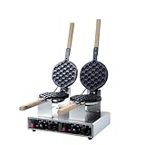 NYHGOXM 業務用バブルワッフルメーカー、エッグワッフルメーカーデスクトップ、エッグバブルワッフルアイロン、業務用電気加熱スタンド、調整可能、180°回転可能、パン2枚と木製ハンドル付き、焦げ付き防止ノンスティックコーティング付きステンレススチールベーキングパン (ダブルヘッド,ハートの形)