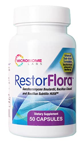 Microbiome Labs RestorFlora Probiotic Supplement - Saccharomyces boulardii, Bacillus subtilis HU58 & Bacillus clausii Spore & Yeast Probiotics - Gut, Immune & Digestive Health Support (50 Capsules)