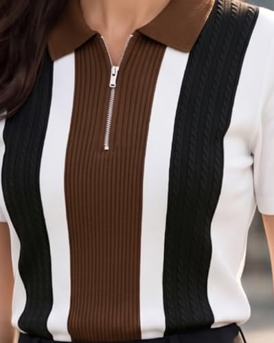 Image of AUSK Women's Casual Summer Polo Knit T-Shirt | Zip Collar Top | Half Sleeves | Ribbed Panel Design | Lightweight Comfort | Regular Fit