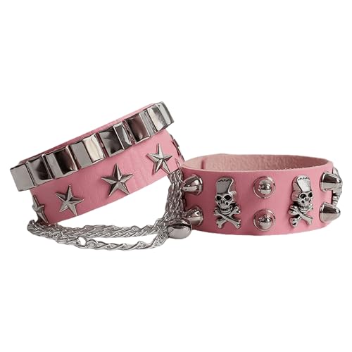 UINSUE Leather Bracelet Combo Metal Star & Spike Inlay Grunge & Punk Adjustable Wristband with Skull and Chains Decor Alt fashion Emo Style Accessories 8.66in/21cm (Pink)