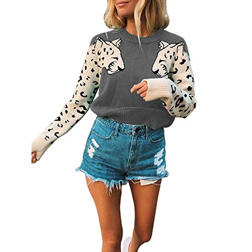 Image of JUNBOON Women's Casual Leopard Print Knitted Pullover Sweaters Long Sleeve Crew Neck Jumper Tops