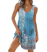 Arevill Zomerjurk voor dames, licht, boho, tankjurk, mouwloos, ronde hals, bloemen, casual strandjurk, vrijetijdsjurk, mini-jurk, oranje, M