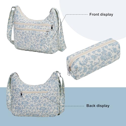Image of 2-Piece Set Women's Small Floral Quilted Crossbody Bag and Tote, Multi-Pocket Shoulder Handbags for Everyday Use, Travel
