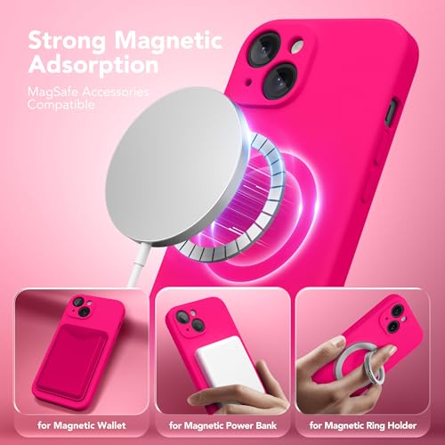Image of Magnetic for iPhone 15 Case, Compatible with MagSafe, [Screen Protector + Full Camera Protection], Silicone Shockproof Anti-Scratch Protective Phone Case for iPhone 15 6.1 inch, Hot Pink