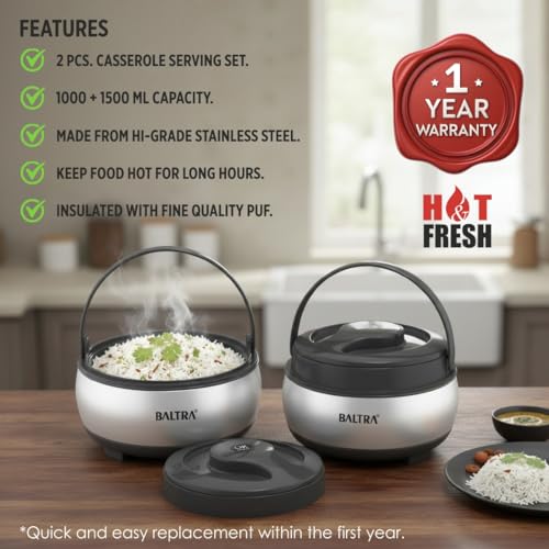 Image of BALTRA Inner Stainless Steel Casserole Set | Keeps Food hot & Fresh Chapati, Roti, Biryani and More | Serving Bowl with Lid | Hot Box for Kitchen | House Warming Gifts Set (Verna (1000ML, 1500ML))