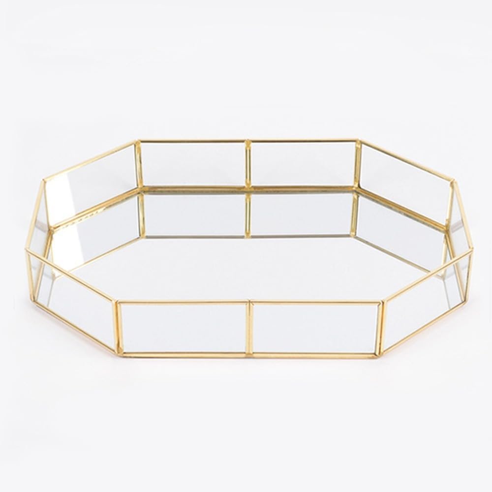 Polygonal Gold Mirror Tray, Hexagonal Glass Vanity Tray for Makeup & Toiletries Organization, Luxury Glam Decor for Bathroom Counter & Desktop