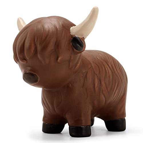 Image of Tuitessine Brown Highland Cow Figurines Ceramic Decor Highland Cattle Statue Scottish Toetom Cow Gifts Ornament Nursery Home House Desk Accessories Office Table Animals Sculptures Decorations