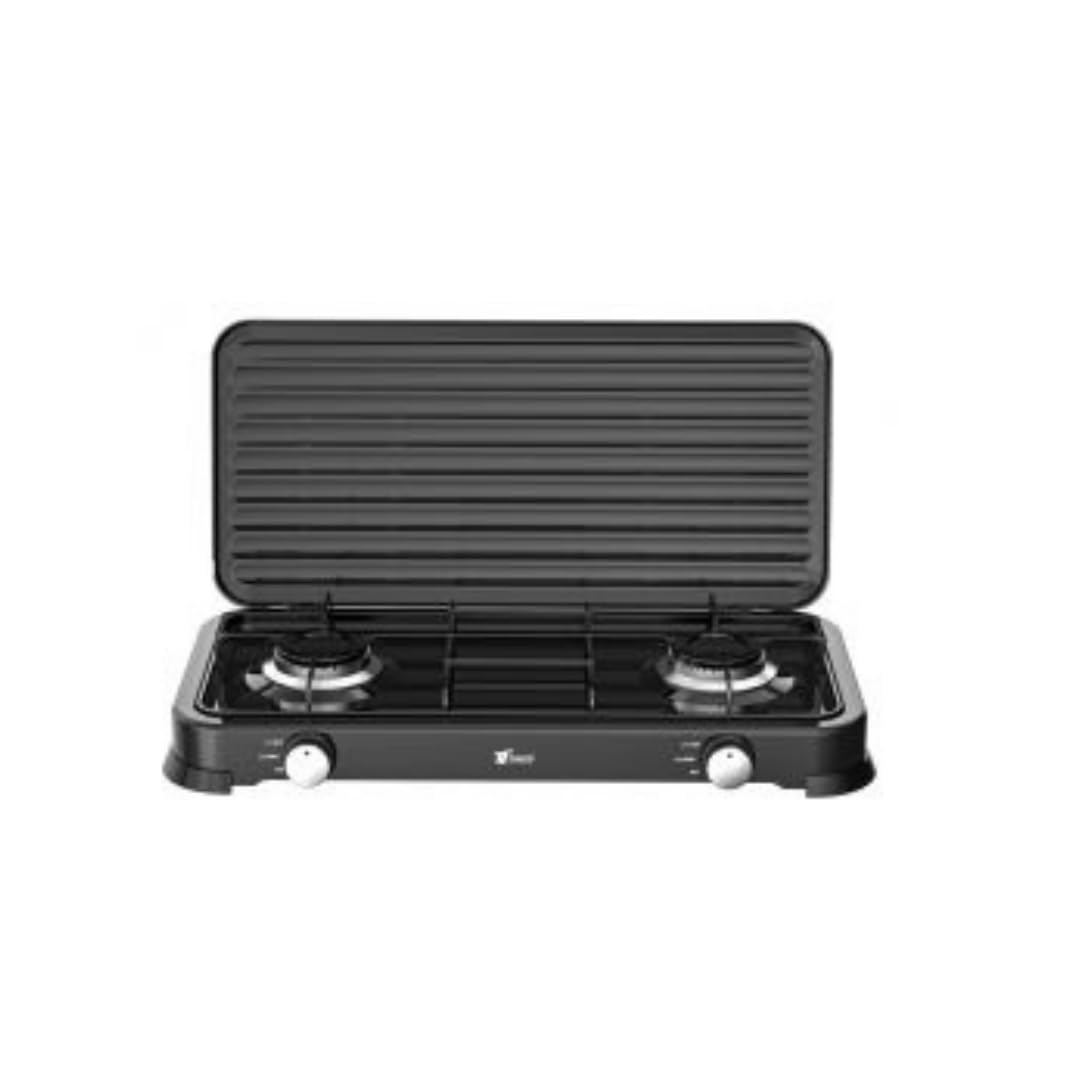 Cocina de Gas Portátil 2 Fuegos con Parrilla y Tapa Extraíble – Compatible con Butano y Propano – Ideal para Camping, Caravana y Exterior – Compacta, Segura y Fácil de Limpiar