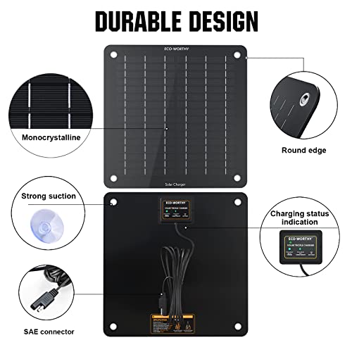 Image of ECO-WORTHY Solar Car Battery & Trickle Charger 5W Solar Panel Power 12V Batteries Maintainer Portable Waterproof Built-in Blocking Diode for Automotive Lawn Mower Camping Car Boat Motorcycles Truck