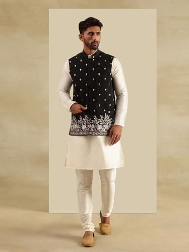 Image of SOJANYA Men's Silk Blend Cream Kurta and Pyjama With Daman Embroidered Nehru Jacket