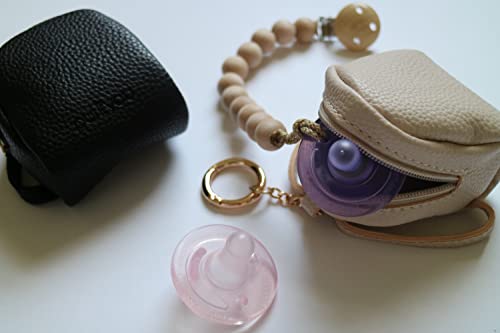 Image of purifyou Premium Leather Pacifier and Nipple Shield Cases - Set of 2 Black & Beige | Case for Diaper Bag & Stroller | Pacifier Box for Travel | Keeps Baby's Binkies Clean and Accessible