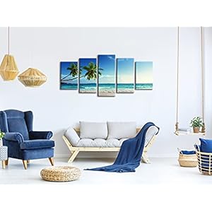 Wieco Art 5 Panels Ocean Sea Beach Canvas Wall Art for Home Decor Blue Sea Artwork Picture Print on Canvas Seascape Wall Decor for Living Room Home Hotel Decorations