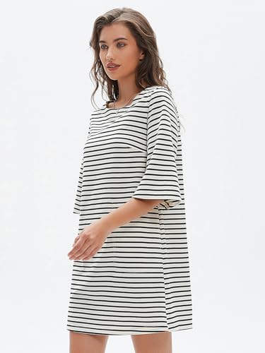 Image of EXLURA Women's Summer T Shirt Dress Casual Short Sleeve Loose Striped Mini Dresses 2026 Vacation Beach Sundress Pockets