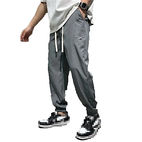 Vsadsau Men Summer Thin Pants Tide Loose Bundle Foot Sweatpants Ice Silk Solid Casual Pants Black XXL