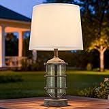 Outdoor Table Lamp, Farmhouse Lamp for Patio Table Decor with Cord, Rustic Table Light with Seeded Glass, 23.5' Plug-in Outdoor Lamps for Patio Waterproof, LED Bulb Included (Antique White Color)