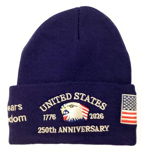 Navy Blue Patriotic Winter Beanie Hat for Men Women American Eagle Knit Cuffed Beanie USA 1776-2026 250th Anniversary Warm Stretch Skull Cap for Colder Regions Like Alaska.