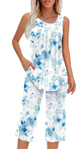 Image of Findsweet Women Pajamas Sets Loungewear Soft Sleepwear Two Piece Summer Sleeveless Pjs Tank Top Pants with Pocket S-4XL