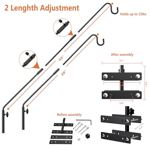 IVOODi 29-43 Inch Adjustable Deck Railing Hook – Heavy Duty Bird Feeder Hanger with Double Clamps, Rotating Shepherd Hook for Outdoor Plants, Lanterns & Wind Chimes