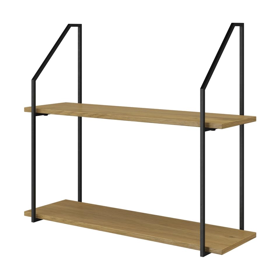 URBNLIVING Modern Geometric Wall-Mounted Shelf, Industrial Steel Frame Storage – Wild Oak, 60×20×52 cm