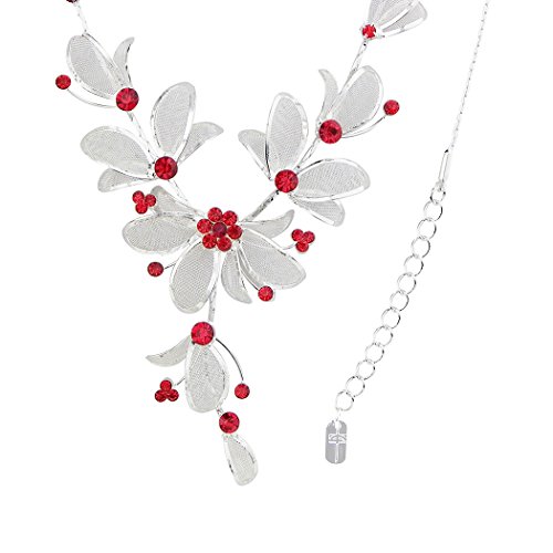 Rosemarie Collections Women's 3 Piece Rhinestone Crystal And Metal Mesh Floral Statement Necklace Bracelet Earring Jewelry Set (Bright Red) #TOP2