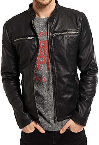Image of D DOLLY LAMB Men's Lambskin Leather Bomber Biker Jacket - Winter Wear - Round Collar
