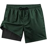 Mens Swim Trunks 2 in 1 Swimming Board Shorts with Pockets Quick Dry Bathing Suits for Beach Water Sports Army Green