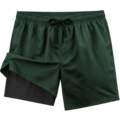 Mens Swim Trunks 2 in 1 Swimming Board Shorts with Pockets Quick Dry Bathing Suits for Beach Water Sports Army Green