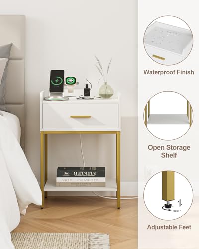 Image of Masupu Nightstand with Charging Station,3-Tier Modern Bedside Night Stand with Storage Drawer and Shelf,Small End Side Table for Bedroom,Living Room,White