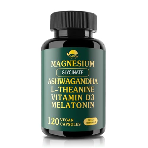 VPKIN Magnesium Ashwagandha Supplement,Magnesium Glycinate,Melatonin,L-Theanine Plus Vitamin D3,Gluten Free,120 Capsules