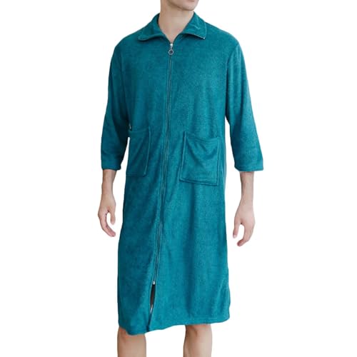 Mens Comfy Zip Up Robes Lightweight 3/4 Sleeves Knee Length Bathrobes With Pockets Breathable Lapel Belted Nightgowns
