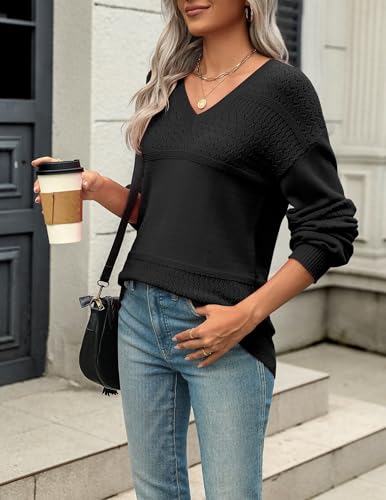 Image of Zeagoo Womens 2026 Fall Sweaters Casual Long Sleeve Ribbed Knit Pullover V Neck Lightweight Crochet Pullover Sweater Top