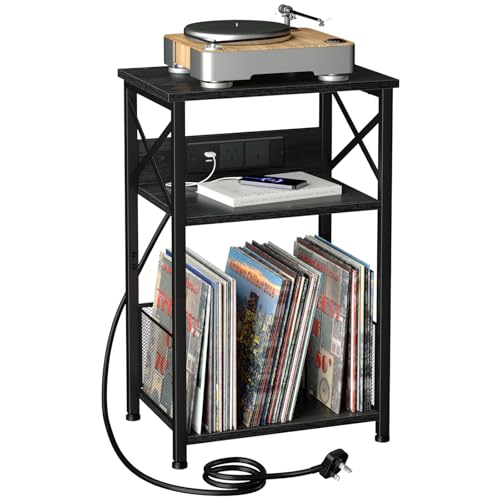 AMHANCIBLE Record Player Stand with Charging Station, 3-Tier Bedside Table with Storage Cabinet, Side Table Hold Up to 100 Albums, Vinyl Record Stand for Living Room, Bedroom, Black HETCD01BK-1