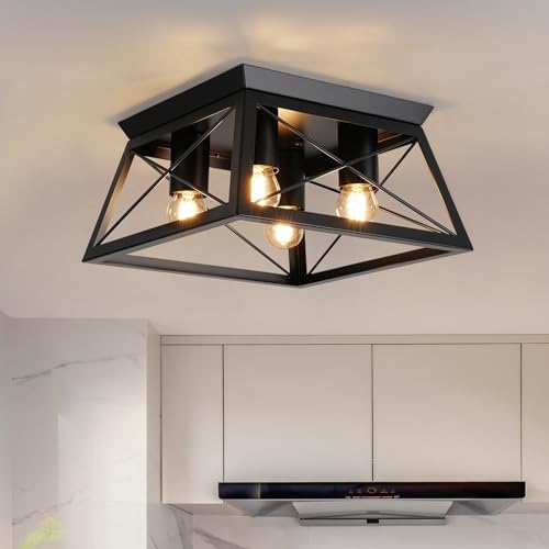 foucasal Farmhouse Ceiling Light Fixture Black Flush Mount Ceiling Light 4-Light Metal-Framed Industrial Kitchen Ceiling Lights for Dining Room Kitchen Bedroom Hallway Foyer Living Room Laundry
