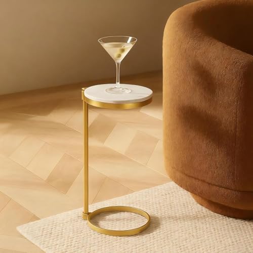 TEHOME Gold Marble Drink Table Metal Martini Round Small Drink Side Table for Couch Marble C Shaped End Table for Sofa 10" diam,24.55" h