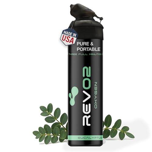 REV/O2 Oxygen Can | 98% Pure Portable Oxygen Bottle for Stress Relief, Focus, Breathing Support & Wellness | 10L Canister with Leak-Proof Mouthpiece & Trigger Lock for Travel - Eucalyptus Menthol