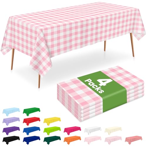 Image of LANLISA 4 Pack Pink Gingham Tablecloth Plastic, 54 x 108 Inch Rectangle Table Cloth Disposable, Valentines Day, Easter Party, Mothers Day Decorations Tablecloths, Birthday Picnic Plastic Cover