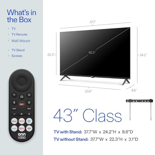 Image of ONN Smart TV 43 inch Powered by VIZIO Technology Class 4K UHD, DTS:X and DTS:Virtual X, 60Hz Refresh Rate, Dolby Vision HDR, Smart Home Ready, Bluetooth + Free WallMount - 43S4V1 (Renewed)