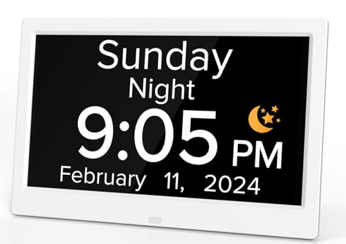 SPACWIS Sveglia digitale con calendario da 25,4 cm, grande display per demenza, giorno e data, DST e telecomando, orologi regalo per anziani, Alzheimer e ipovedenti (bianco).